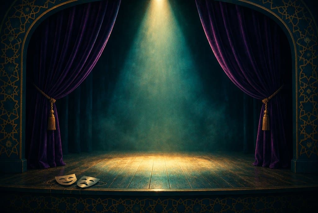 Ochiq teatr pardasi va boʻsh sahnadagi yorugʻlik doirasi